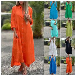 Desinger Women Plus Size Dress 5xl Cotton Linen Shirt Dresses Fashion Casual Long Sleeve Cardigan Soft Lady Skirt 8 Colours