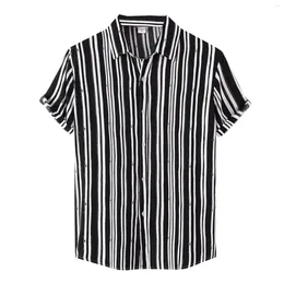 Men's Casual Shirts Striped Print Mens' Hawaii Summer Top Short Sleeve Turn Down Collar Shirt Buttoned Cardigan Beach Blouses For Man