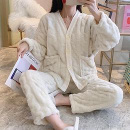 Womens Sleepwear Autumn Winter Kawaii Solid Color Pajama Sets Women Pyjamas Flannel Loung Girl Pijama Mujer Night Suits Homewear