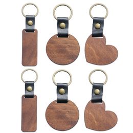 Party Favour DIY Wooden Keychain Blank Carved Leather Wood Keychain Pendant Luggage Decorative Heart Round Key Chain Keyring LT952