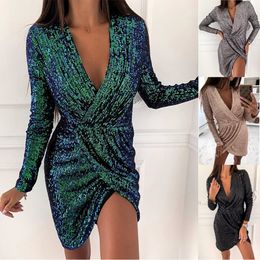 Ladies 'elegante und charmante Long Sleeve V-Ausschnitt-Paillistin Mini-Kleid mühelos stilvoller Streetstyle AST8920