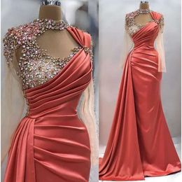 Sleeves Long Evening Coral Dresses Beaded Mermaid High Neck Satin Custom Made Floor Length Formal Ocn Wear Arabic Prom Gown Vestidos