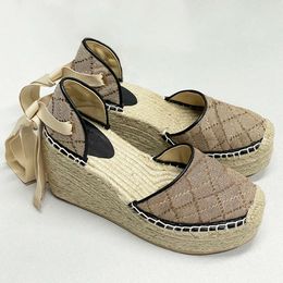 Designers Shoes Womens Wedge Platform Sandals Espadrille Shoes Real Leather Ankle Lace-up Matelasse Espadrille Ladies High Heel Size 35-41 With Box 037