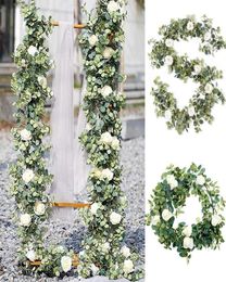 Decorative Flowers Wreaths Fake Flower Eucalyptus Garland With Camellias Artificial Silk Rose Vine Decor Hanging Faux Leave Flor3696988