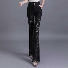 Women's Pants Capris Y2k Korean Pant Suits Lace Hollow Out Summer Thin Flare Pants High Waist Solid Women Elegant Casual Fashion Female Trousers 2022 Y240504