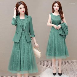 Work Dresses 2024 Women Spring Mesh Dress Suit Female 2 Piece Set Slim Blazer Jacket Ladies Spaghetti Strap Midi Outfits O454