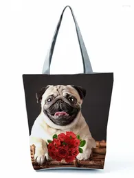 Shoulder Bags Dog Printed Handbag Pug Casual High Capacity Eco Reusable Shopping Bag Women Floral Travel Storage Tote All-Match Custom
