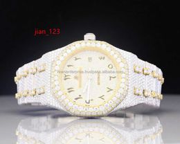 Manufacturer of Top Class Iced Out Style VVS Clarity Moissanite Diamond Studded Oyester Yellow Waterproof Analog Watch