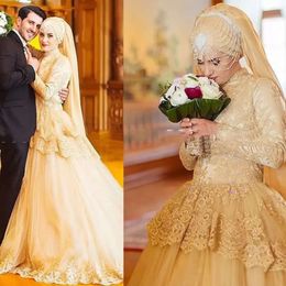 Wedding Dresses Bridal Gold Muslim Gown With Long Sleeves Tiered Lace Applique High Neck Tulle Beaded Sweep Train Vestido De Novia