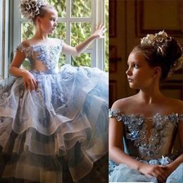 Girls' Dresses Sky Blue Flower 2021 Off The Shoulder Handmade Flowers Beaded Tulle Skirt Straps Pageant Birthday Party Ball Gown s