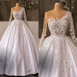 Ball O-Neck Appliques Suknie ślubne Koraliki Ważerysty koronkowy tiul iluzja Zilusja Backless Made Made Bridal Suknia plus rozmiar Vestidos de novia