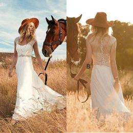 Appliced ​​Lace v A Dresses Bohemian Line Neck golvlängd strand bröllopsklänning chiffong country long vestidos de novia ppliked estidos