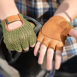 Gloves Genuine Leather Semifinger Men Gloves Half Finger Sheepskin Fashion Hand Back Knitted Breathable Driving Leather Gloves Tb06