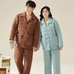 Women's Sleepwear Couple Pajamas Set Men Women Solid Pyjamas Male Female 3 Layer Clip Cotton Home Suit