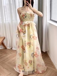 Casual Dresses Birthday Dress For Women Party French Floral Print Long Sweet Strapless Off Shoulder Pleated Ruffled Edge