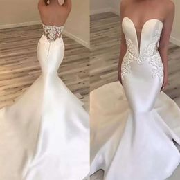 Bridal Gorgeous Dresses Mermaid Wedding Gown Lace Applique Custom Made Sweetheart Neckline Satin Sweep Train Plus Size Vestido De Novia