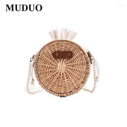 Shoulder Bags MUDUO Manual Rattan Woven Handmade Round Small Bowknot Sunflower Pattern Beach Bag Retro Circular Straw Braided