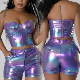 Women's Shorts Echoine Metal Purple Zipper Strapless Tight Chest Cut Top and Shorts Two piece PU Leather Tight Body Sexy Set WX