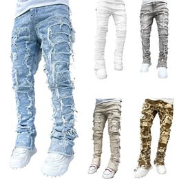 E15E Mens Stacked Jeans Fit Ripped Destroyed Straight Denims Pants Vintage Hip Hop Trouser Streetwear 240426