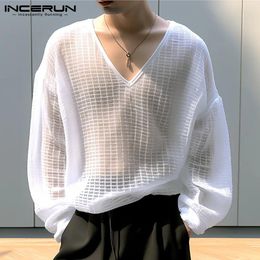 Men's T Shirts INCERUN Tops 2024 Korean Style Mens Solid Chequered Perspective T-shirts Fashionable V-neck Shoulder Long Sleeved Camiseta