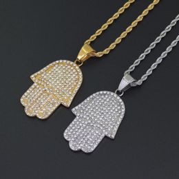 Hip Hop Bling Chain 24Inch Women Men Couple Gold Silver Color Iced Out Hamsa Hand Pendant Necklace With Cz Jewelry Christmas8531008