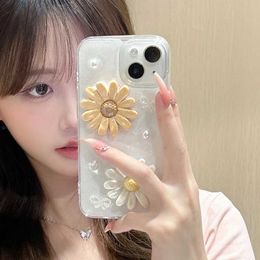 Cell Phone Cases 3D Daisy Flower Pearl Glitter Clear Phone Case For phone 15 Pro Max 11 12 13 14 Pro Max Shining Soft Epoxy Shockproof Cover