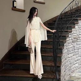 Women's Two Piece Pants Korea Fashion Long Sleeve Blouses Womens Peice Sets Casual Loose Slit Wide Trouser Suits Elegant White Pleated