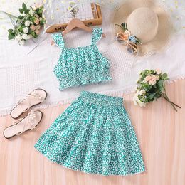 Clothing Sets Girl's 8-12 Year Old Green Suspender Floral Top And Short Skirt Fashionable Sweet Fresh Instagram Style Two-piece Set