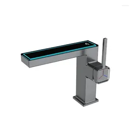 Bathroom Sink Faucets Mixer Gray Cold And Water Tap Digital Display Square Single Handle Deck Mounted