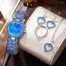 Wristwatches Women's Quartz Watch Blue Luxury Women Ring Necklace Earring Rhinestone Fashion Wristwatch Casual Ladies Watches Jewelry Set