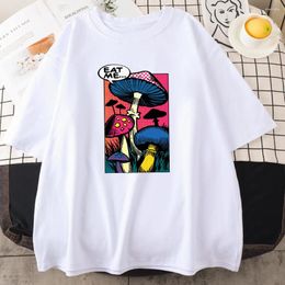 Men's T Shirts Colorful Neon Style Mushroom Eat Me Prints Cotton Tee Clothing Summer Breathable T-Shirts Soft Oversize Male Short Sleeve