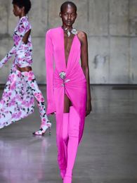 Women Celebrity Luxury Sexy Long Sleeve V Neck Diamonds Pink Draped Midi Gowns Dress Elegant Evening Party Dress Vestido 240425