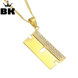 Pendant Necklaces Stainless Steel Gold Color Hip Hop Razor Blade Necklace Out Rhinestone Mens Charm Jewelry 3mm24inch Cuban Chain3684204