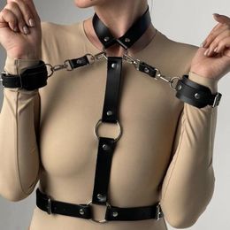 Belts Sexy Black Leather Collar And Wristband With Integrated Adjustable Backband Fashion Punk Metal Round Button Head Women's Belt