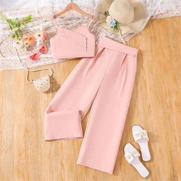 Clothing Sets Kids Girls Summer Outfits Pink Suspenders And Pants Two-piece Set Elegant Style Birthday Party For 8-12 Years Children