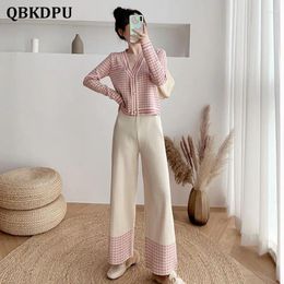 Women's Two Piece Pants 2024 Spring Autumn Korean Plaid Knit Cardigan And High Waist Wide Leg Casual 2 Set Women Elegant Loose Knitted Suit