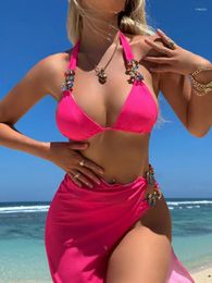 Women's Swimwear Sexy 3 Piece Bikini Sets Diamond Women Swimsuit With Skirt Female Push Up Beach Wear Bathing Suit 2024 Mujer