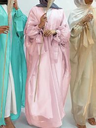 Ethnic Clothing Eid Djellaba Abaya Dubai Shiny Soft Puff Sleeves Muslim Dress Silky Turkey Islam Abayas