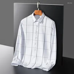 Men's Polos Casual Elastic Plaid Shirt Long-Sleeved Slim Elegant Versatile Formal Tops Light Luxury Business Style Soft