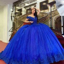 Com vestidos azul royal quinceanera renda aplique do ombro V Neck Neck Corset traseiro com miçangas de mangueira doce 16 vestido de baile vestidos estidos estidos