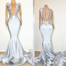 Sleeves Sier Dresses Long Evening Illusion Bodice Plunging V Jewel Neck Mermaid Sweep Train Lace Applique Spandex Prom Party Gown
