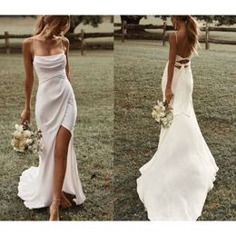 Vestido Mermaid Bridal Wedding Vestres Spaghetti tiras de chiffon Spelit Swee