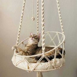 Cat Beds Furniture Pet Cat Hammock Swing Bed Bohemian Handwoven Tapestry Cotton Macrame for Home Outdoor Wall Hanging