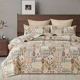 Duvet Cover DURLENGEN Bohemian Quilt Set Twin Size 2Pcs, Beige & Dark Red Printed with Botanical Pattern, All Season Lightweight Coverlet Sets