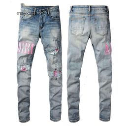 Małe dziury demin męs amiirii szczupły high #1316 Jean Purple Broken Broken Dżinsy Patch 2024 Fit Mens Feet Pants Fashion Street EZ3F