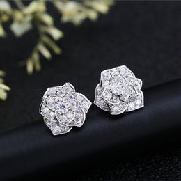 Elegant Flower Lab Diamond Stud Earring Real 925 sterling silver Jewellery 24K Gold Party Wedding Earrings for Women Bridal 231B