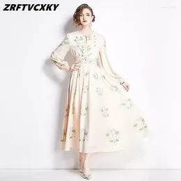 Casual Dresses Runway Floral Printing Women A Line Midi High Quality Ladies O-Collar Lace Up Long Party Dinner Office Elegant Dress