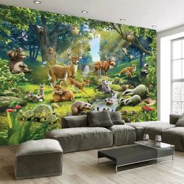 Stickers Animals Party Wallpapers For Kids Bedroom Wall Custom Any Size Spring Forest Landscape Wall Mural Cute Deer Bear Beaver Decor