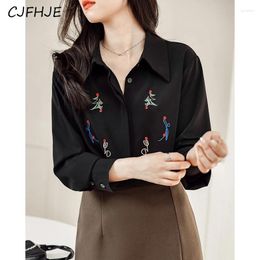Women's Blouses CJFHJE American Retro Long Sleeved Embroidered Shirt Fashion Loose Fitting Women POLO Collar Solid Colour Top Shir