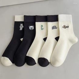 Women Socks 5 Pairs Of Women's Set Spring And Autumn Black White Pure Cotton Cute Cartoon Bear Pattern Casual